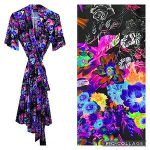 RARE Elhoffer Essentials Dark Floral and Neon Midi Wrap Dress - Size Medium